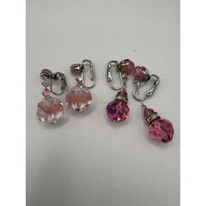 2 Pairs Pink AB Aurora‎ Borealis Crystal Dangle Drop Clip-on Earrings Vtg
